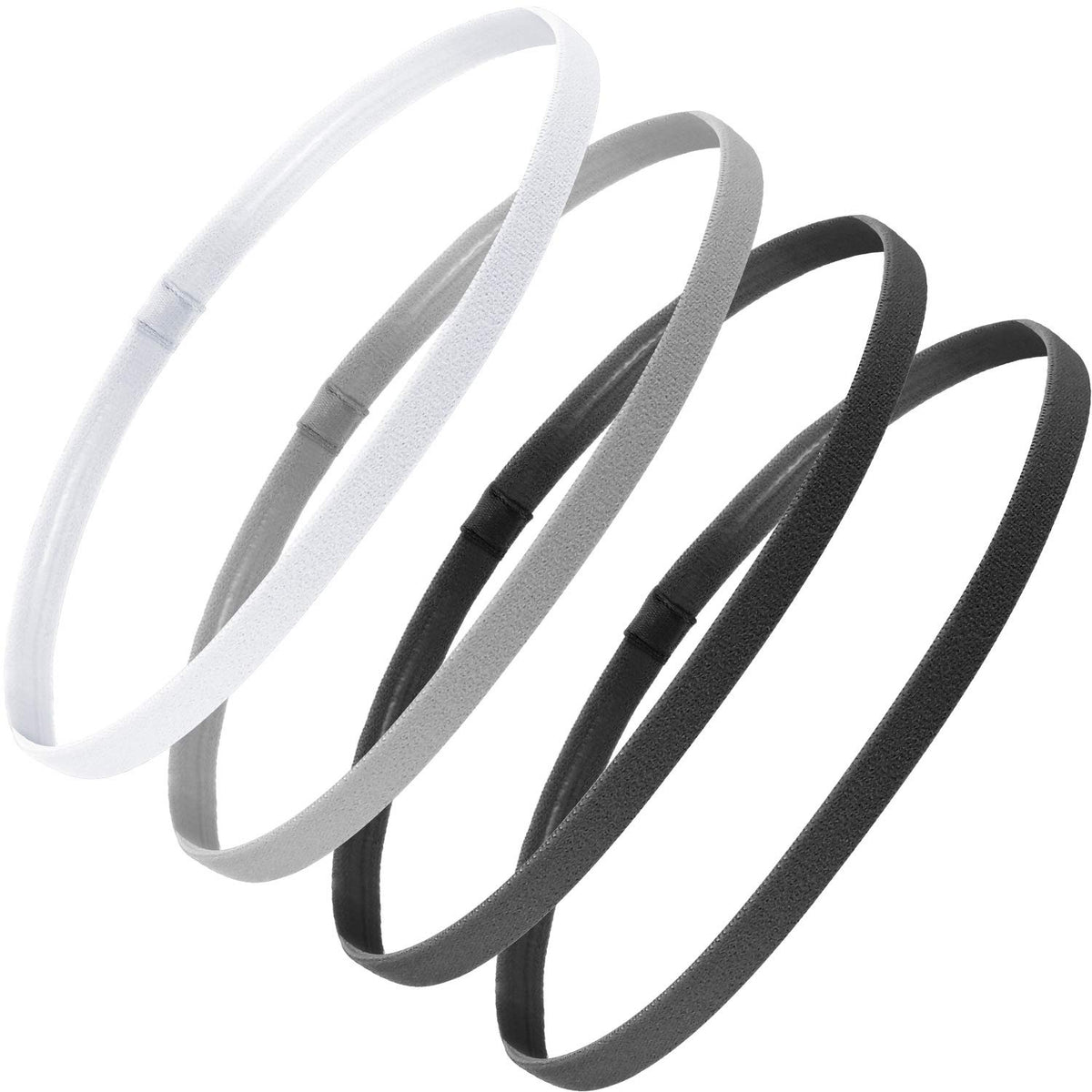 Bememo 4-pack non-slip elastic sport headbands in black, gray, and white