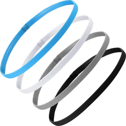 Bememo 4 Pack Non-Slip Sport Headbands in black, white, grey, and royal blue