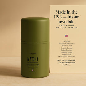 Berkland Matcha Serum in a beauty routine setup