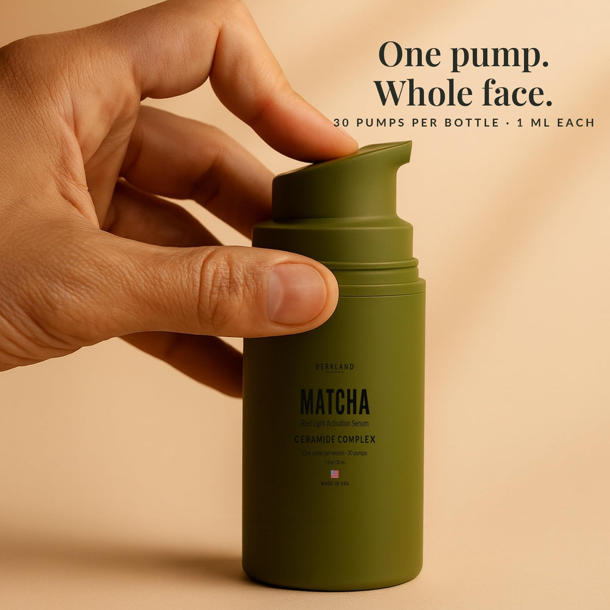 Berkland Matcha Serum on a bathroom counter