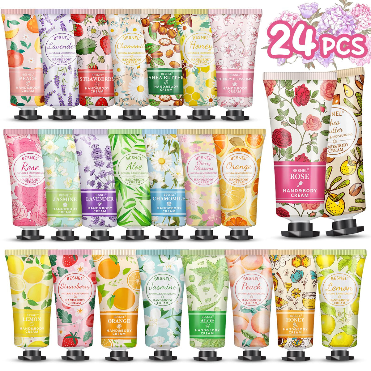 BESNEL 24 Pack Hand Cream Gift Set front view with assorted fragrances
