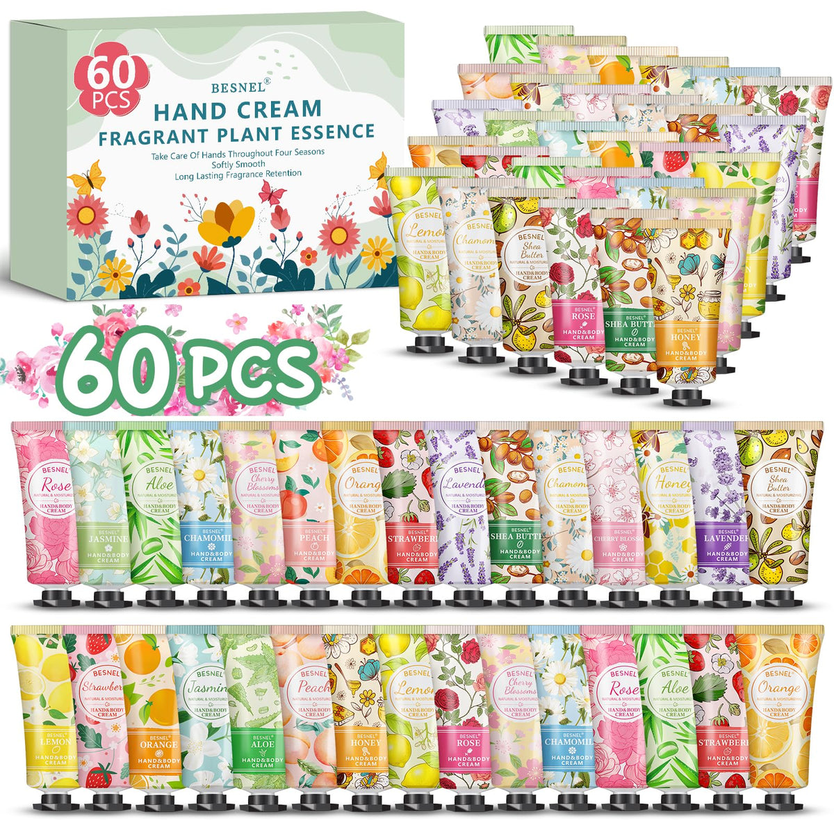 BESNEL 60 Pack Hand Cream Gift Set assorted fragrances front view