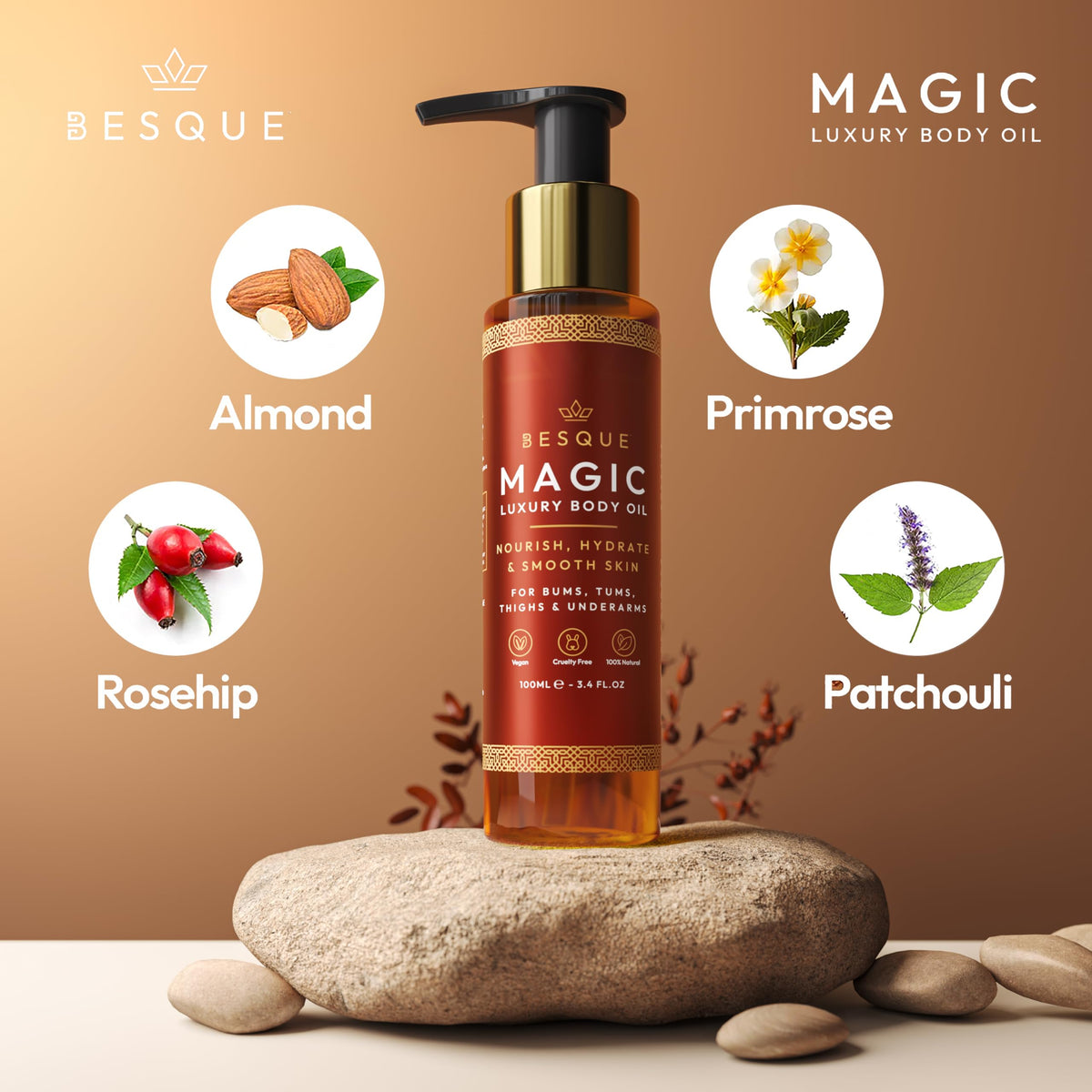 Besque Magic Body Oil ingredients close-up