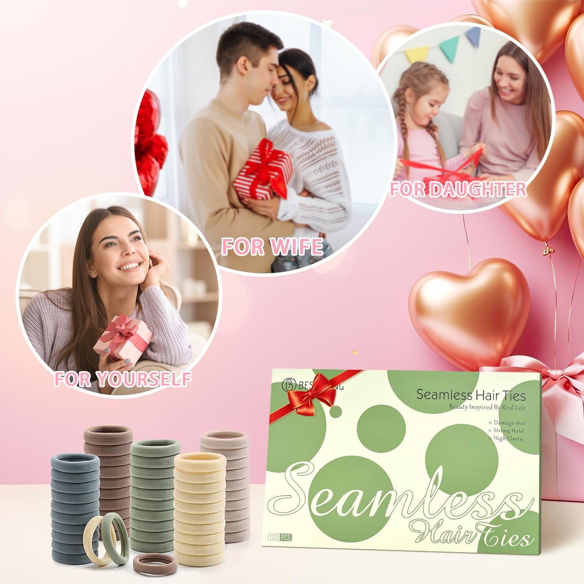 Bessrung Elastic Hair Ties in packaging showing various colours