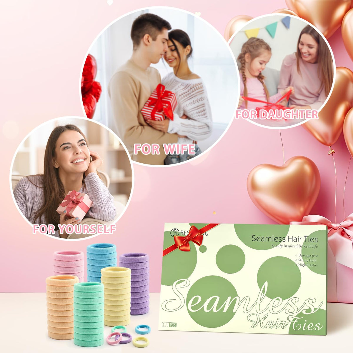 Bessrung hair ties packaging with 100 pieces displayed