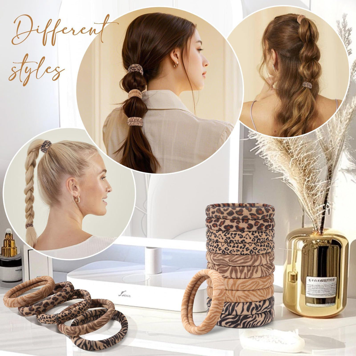 Bessrung Leopard Hair Ties on a model's hair