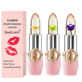 BestLand Flower Jelly Lipstick Set with three lipsticks featuring flowers and golden flakes