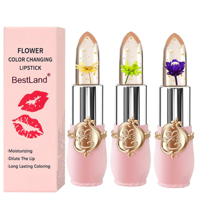 BestLand Flower Jelly Lipstick Set with three lipsticks featuring flowers and golden flakes