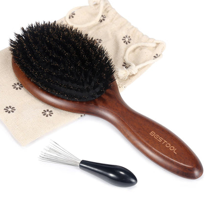 BESTOOL Boar Bristle Hair Brush front view with beech wood paddle