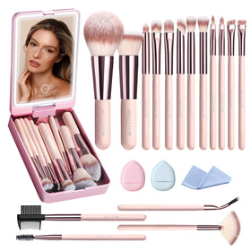 BESTOPE PRO 20PCs Makeup Brush Set with LED light mirror in pink