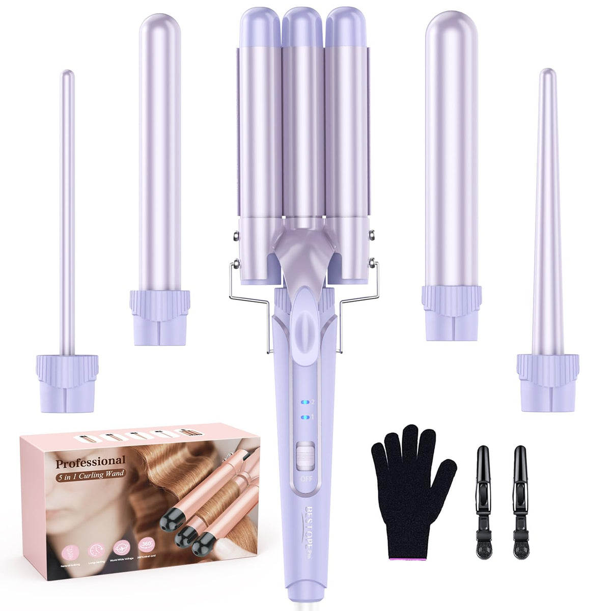 BESTOPE PRO Curling Wand Set with 3 barrels, purple colour