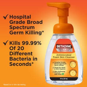 Betadine Antiseptic Cleansing Foam Pump 8oz in bathroom setting