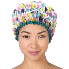Betty Dain Fashionista Reusable Shower Cap front view with colourful pattern