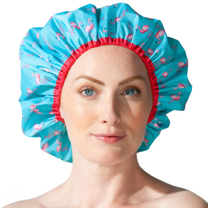 Betty Dain Fashionista Reusable Shower Cap in Flamingo Party design front view