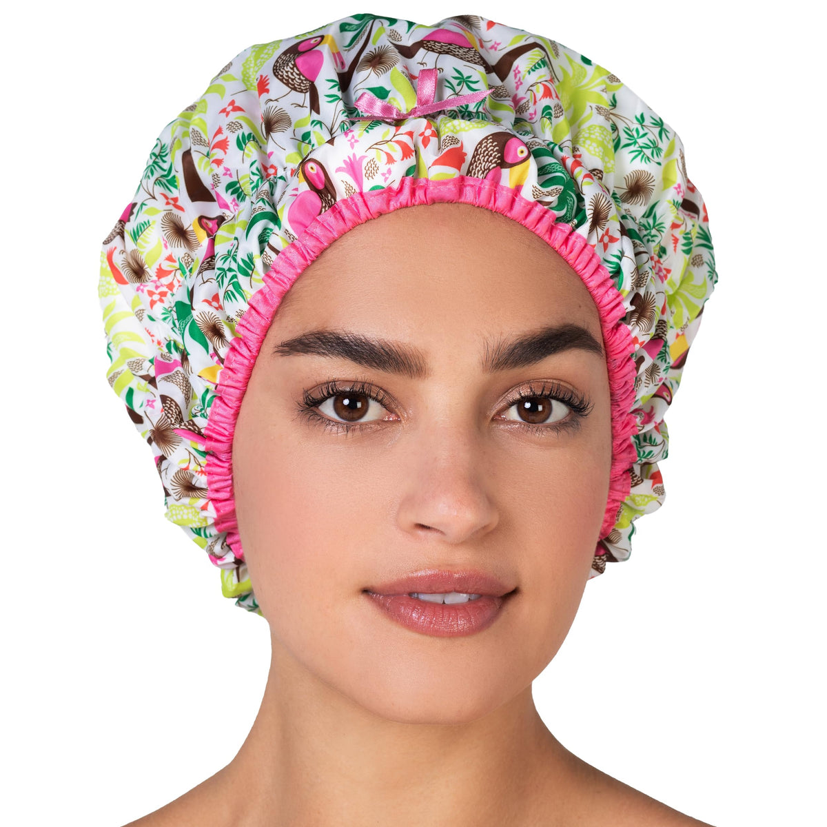 Betty Dain Fashionista Reusable Shower Cap in Tropical pattern front view