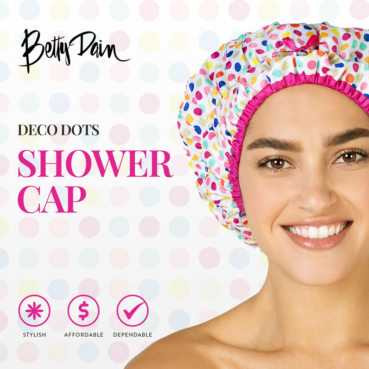 Betty Dain Fashionista Shower Cap Deco Dots with colourful patterns