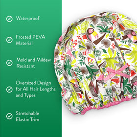 Betty Dain Fashionista Shower Cap in Tropical pattern on a bathroom shelf