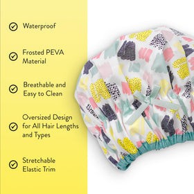 Betty Dain Fashionista Shower Cap in vibrant colours on a bathroom counter