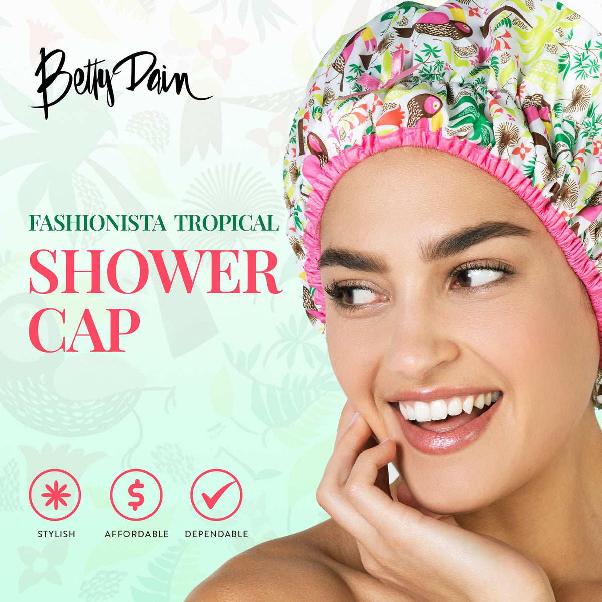 Betty Dain Fashionista Shower Cap showing elastic trim and waterproof design
