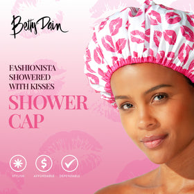 Betty Dain shower cap displayed on a bathroom shelf with floral pattern