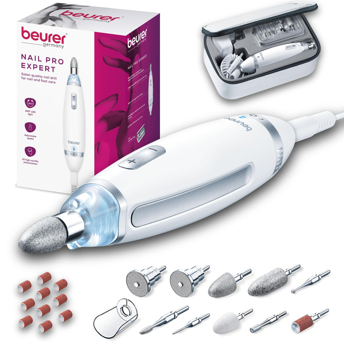 Beurer MP62 Electric Nail Drill Kit front view with attachments