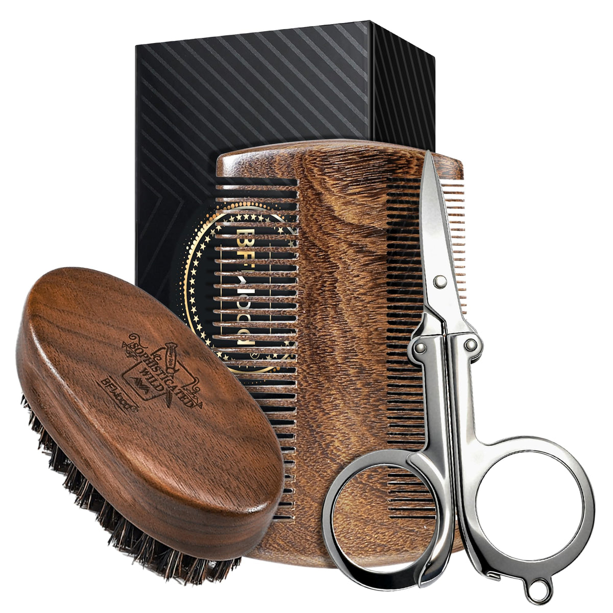 BFWood Beard Brush Comb Kit front view with storage bag