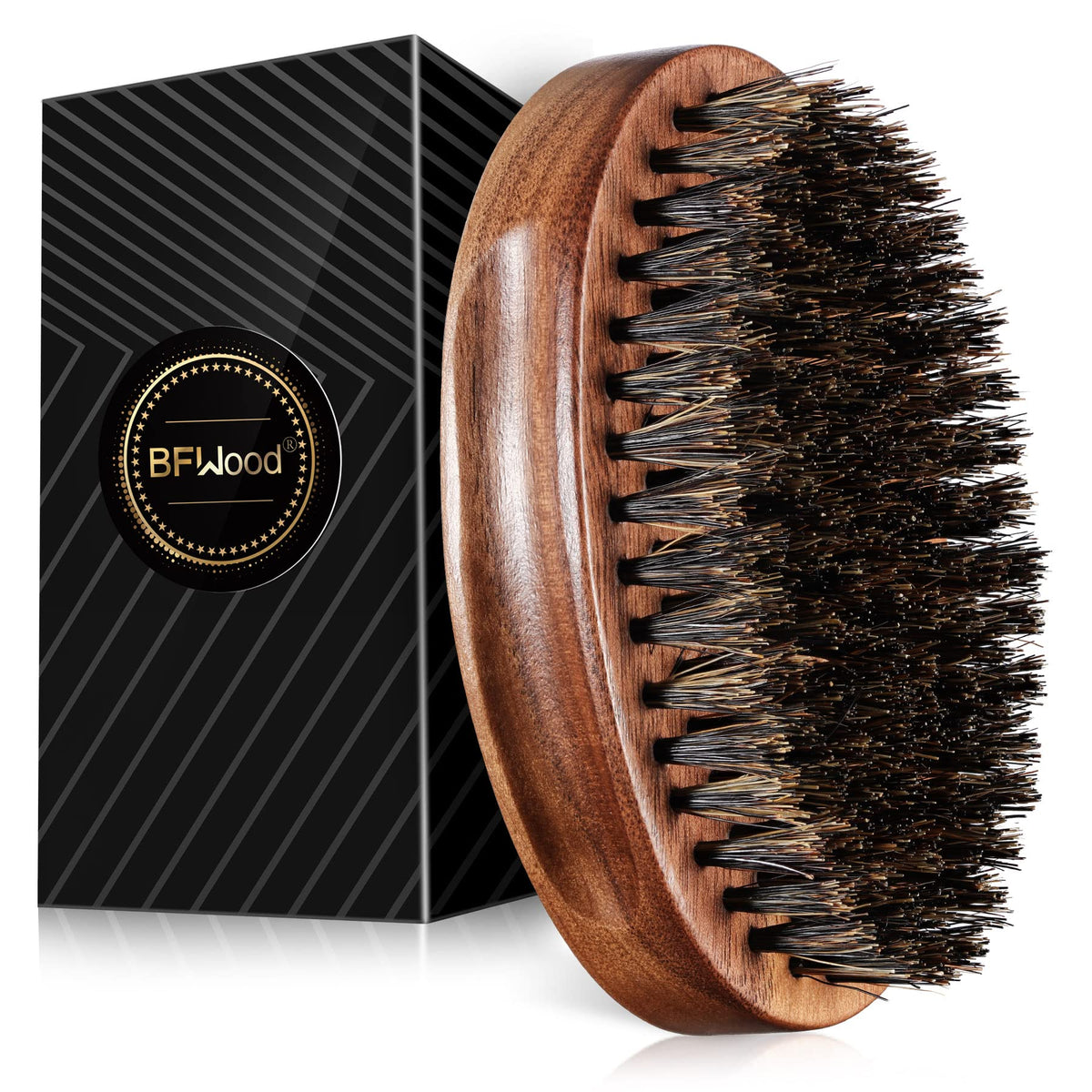 BFWood Boar Bristle Beard Brush front view with black walnut handle