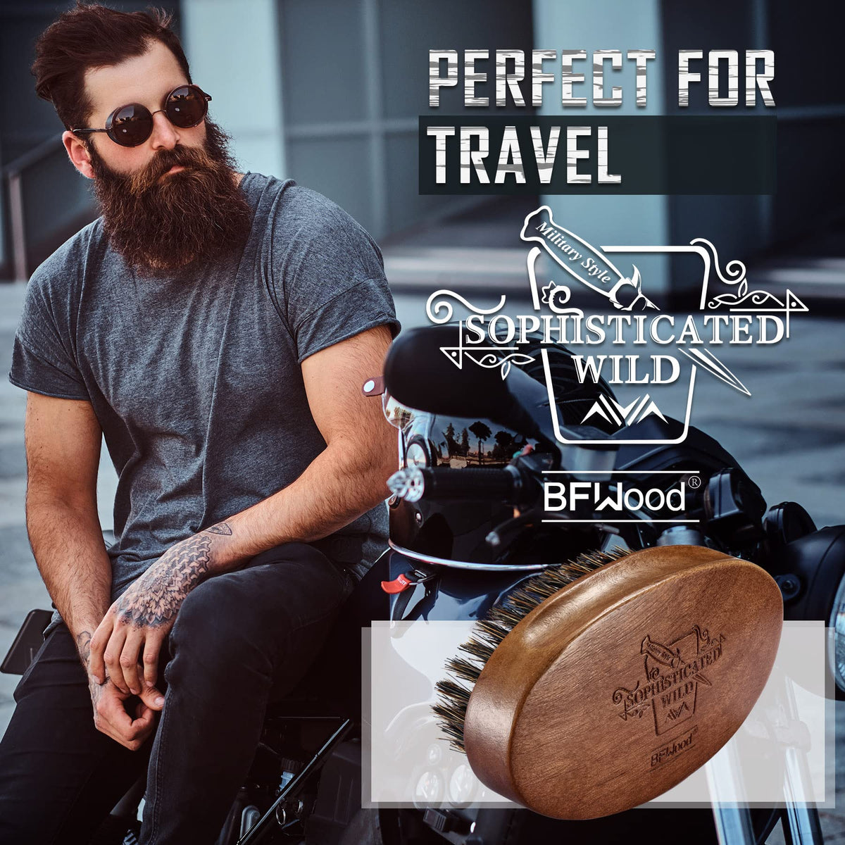 BFWood Boar Bristle Beard Brush on grooming table