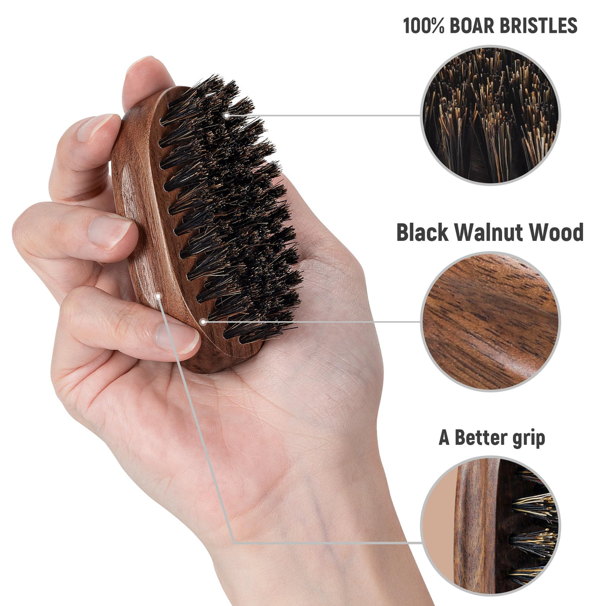 BFWood Small Travel Beard Brush side view showing grip design
