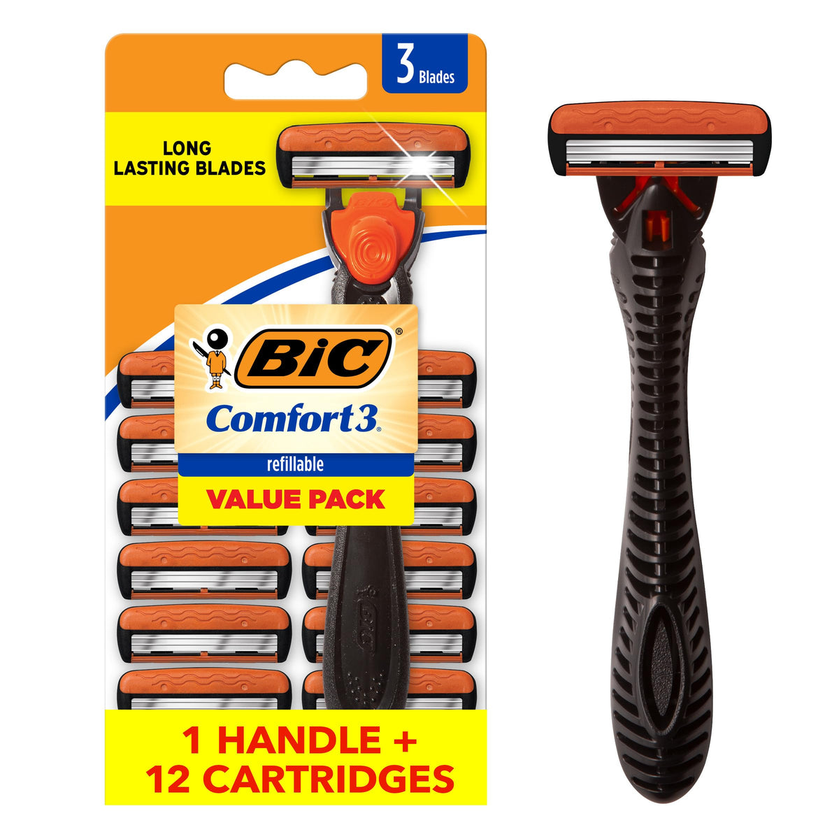 BIC Comfort 3 Men's Refillable Razor Kit with handle and cartridges