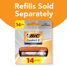BIC Comfort 3 razor kit displayed on a bathroom shelf