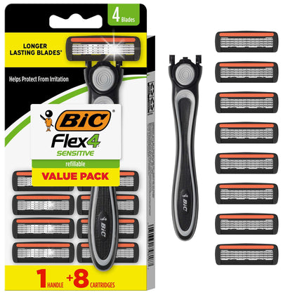 BIC Flex 4 Sensitive Men's Razor Kit front view with cartridges