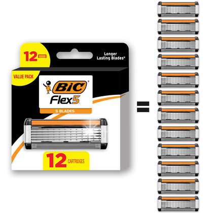 BIC Flex 5 Refillable Razors for Men front view with 12 cartridges
