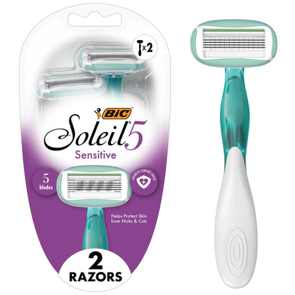 BIC Soleil 5 Sensitive Women's Disposable Razors front view with pink and teal handles
