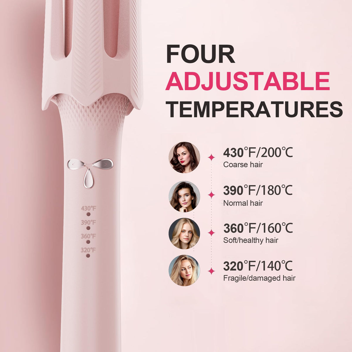 BILITOK Auto Rotating Hair Curler displaying 4 temperature settings
