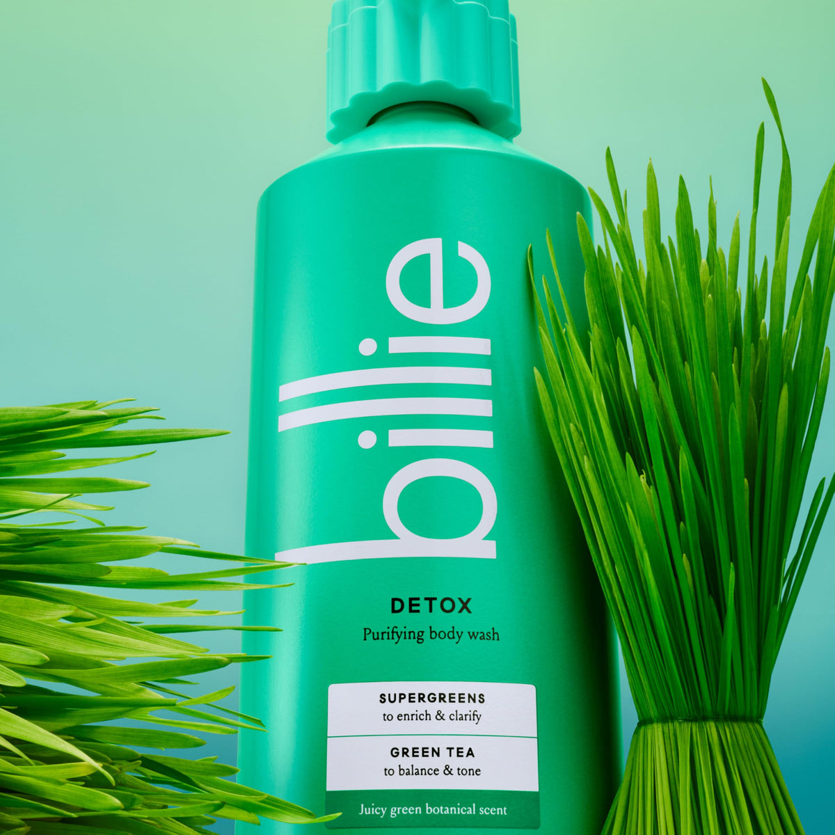 Billie Detox Body Wash 18 Fl Oz in a bathroom setting with plants