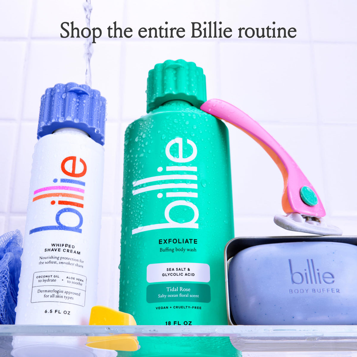 Billie Exfoliate Body Wash Tidal Rose Scent 18 Fl Oz open bottle