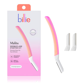Billie Face Razor Dermaplaning Kit front view with handle and blades