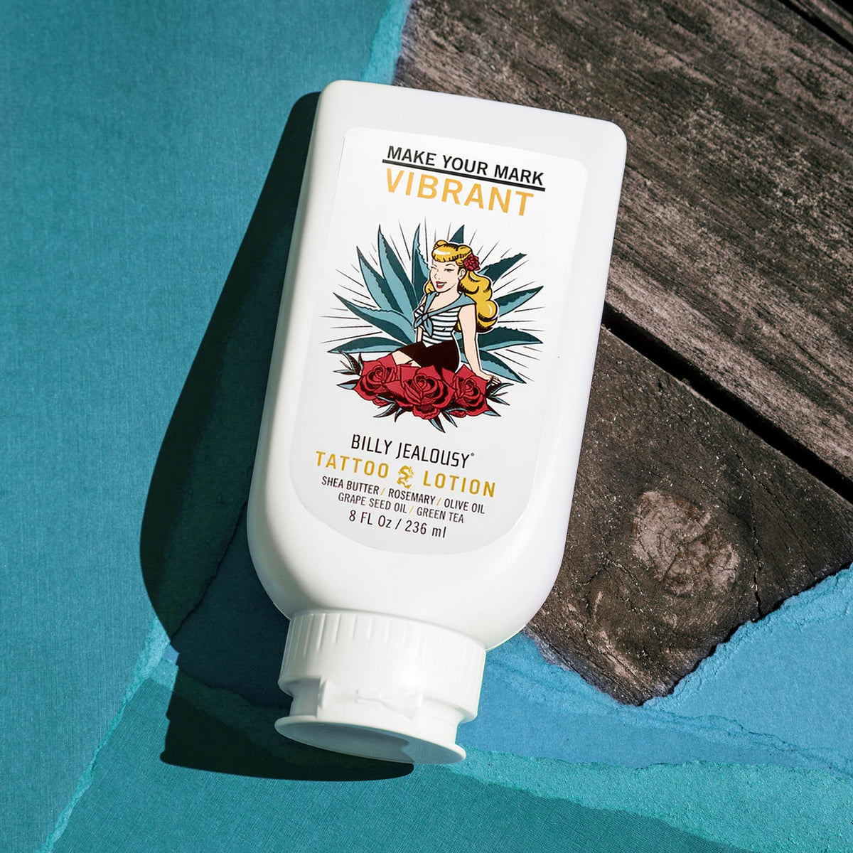 Billy Jealousy Tattoo Lotion packaging on a table