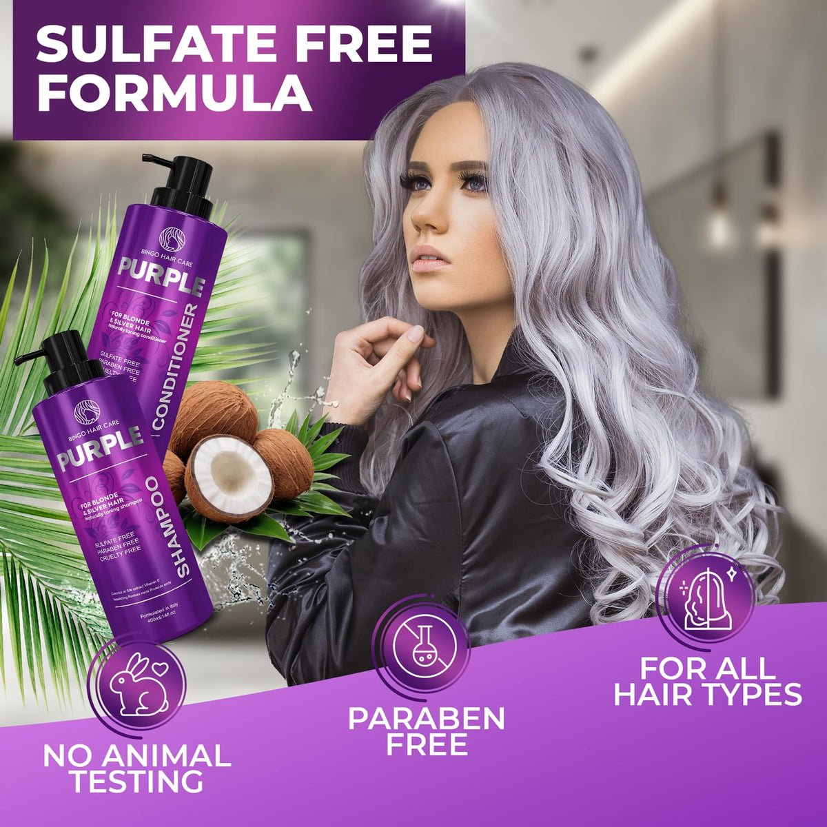 BINGO HAIR CARE Purple Shampoo and Conditioner in bathroom setting