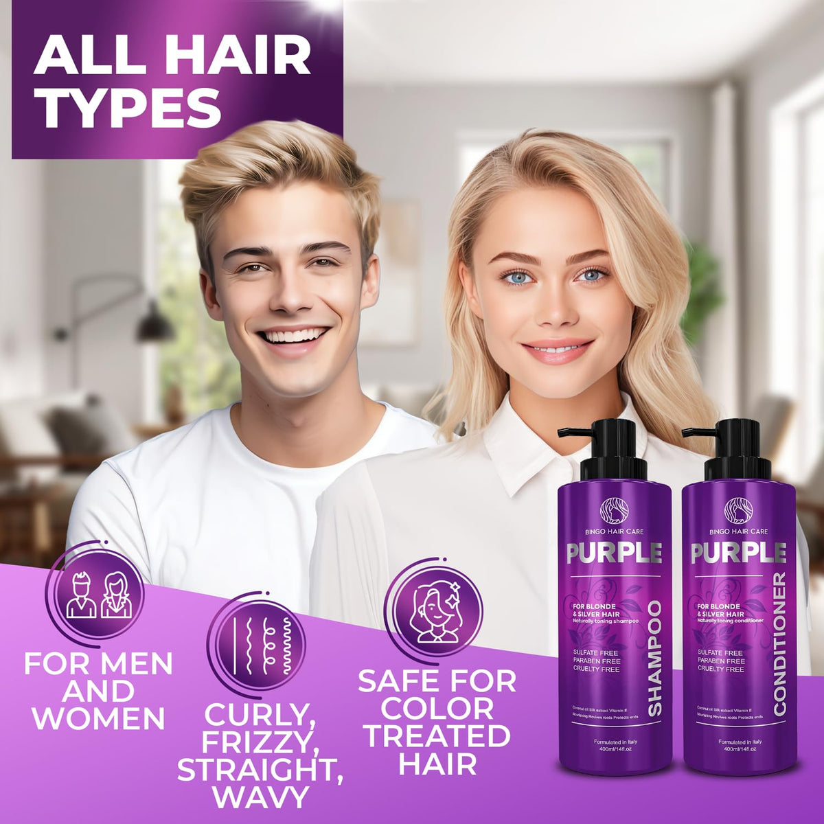 BINGO HAIR CARE Purple Shampoo and Conditioner set on shelf