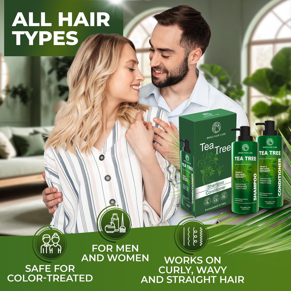 BINGO HAIR CARE Tea Tree Shampoo and Conditioner lifestyle scene
