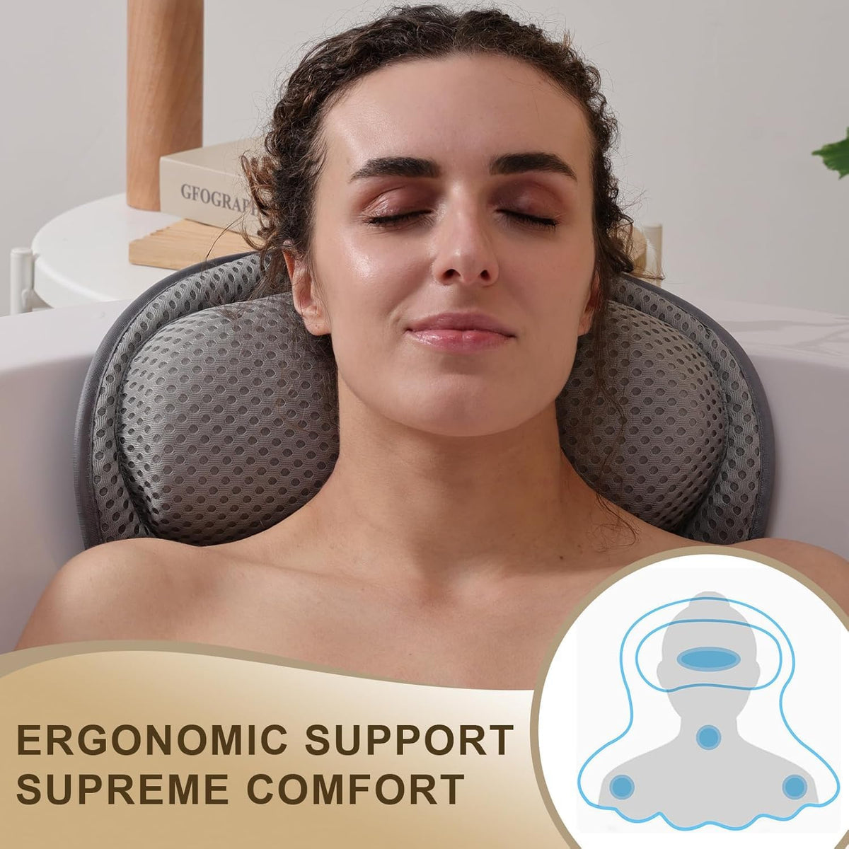 Binobella Bath Pillow in a bathtub demonstrating neck support