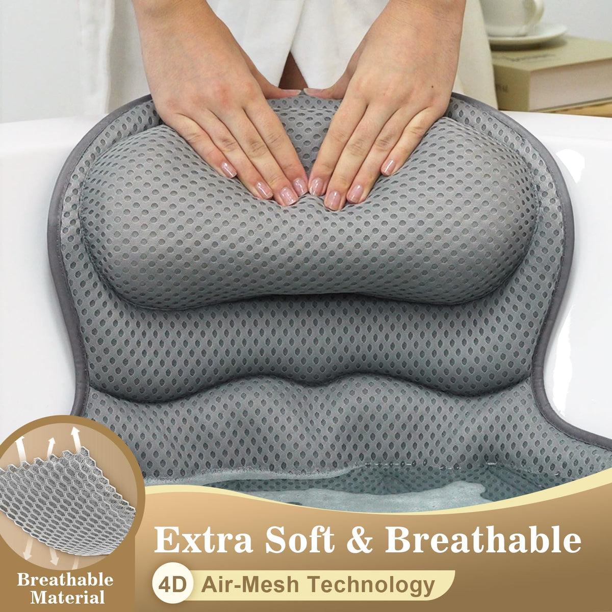 Binobella Bath Pillow showing suction cups on a tub surface