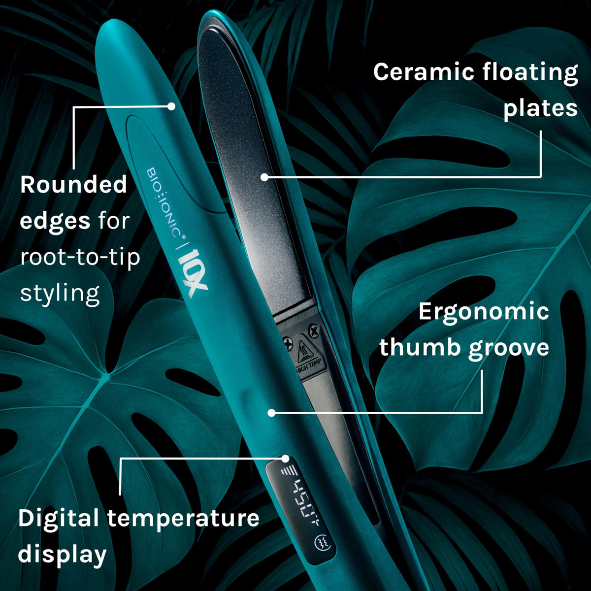 BIO IONIC 10X Styling Iron with temperature settings displayed