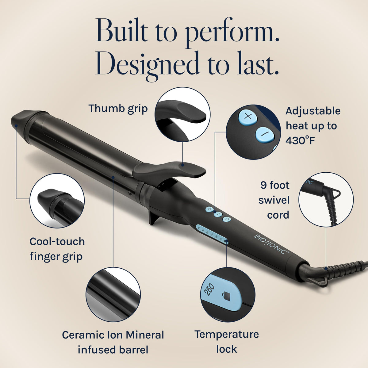 BIO IONIC Long Barrel Curling Iron on a vanity table