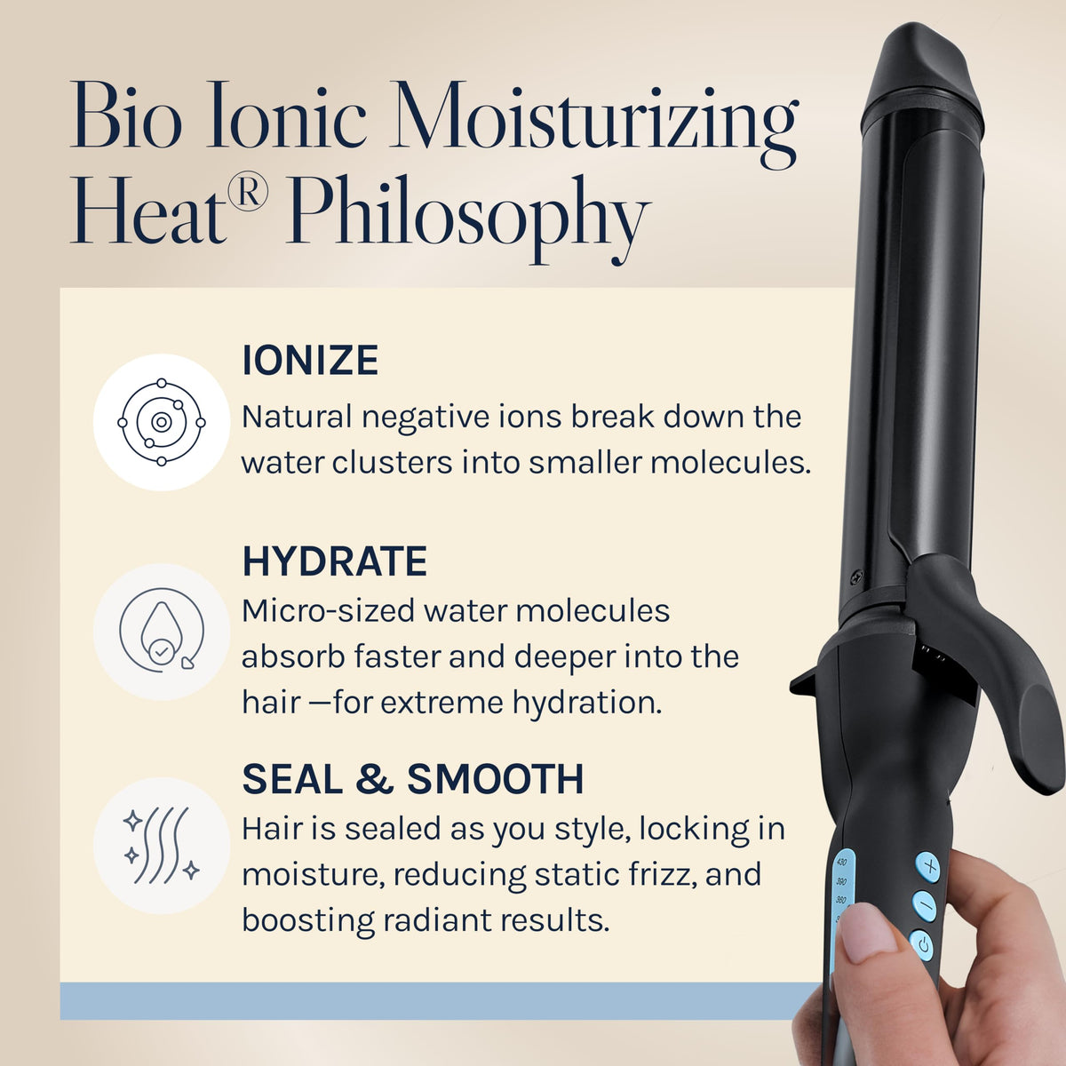 BIO IONIC Long Barrel Curling Iron on a vanity with hair products