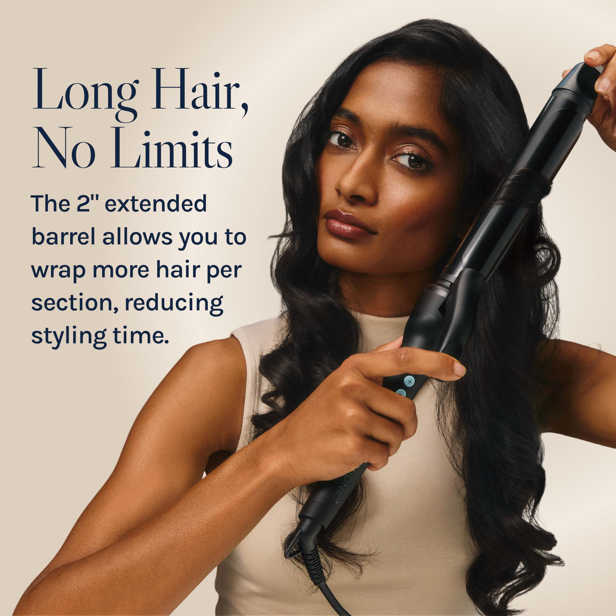 BIO IONIC Long Barrel Curling Iron showing temperature control settings