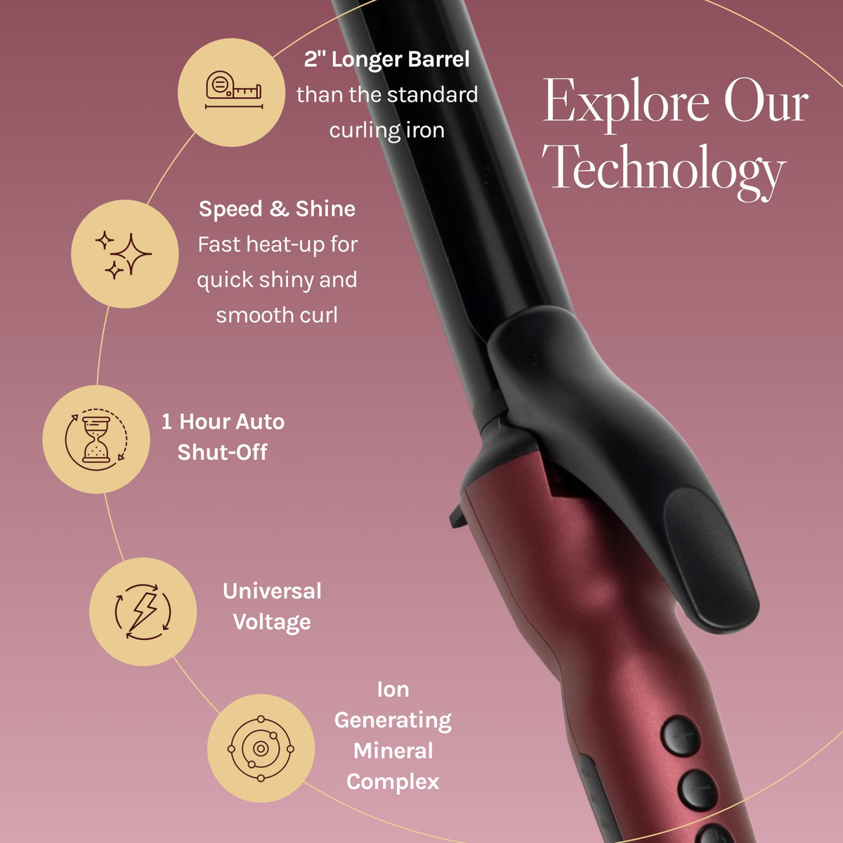 BIO IONIC Long Barrel Curling Iron Velvet Rouge with temperature settings