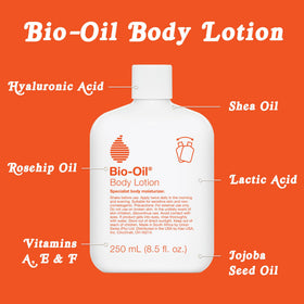 Bio-Oil Moisturizing Body Lotion on a bathroom counter with other skincare
